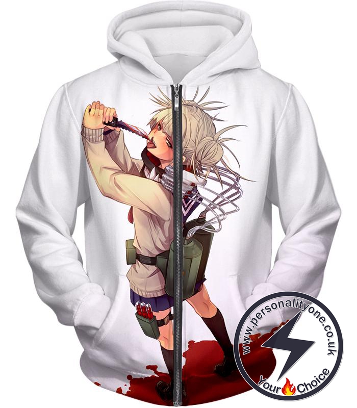 My Hero Academia Thristy for Blood Transforming Villain Toga Himiko Action White Zip Up Hoodie